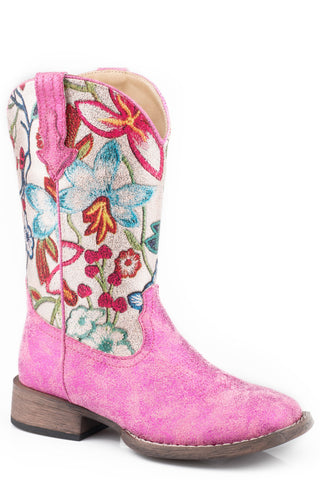 Roper Kids Girls Metallic Pink Faux Leather Floral Cowboy Boots