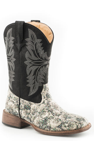 Roper Kids Girls Black Faux Leather Multi Floral Cowboy Boots
