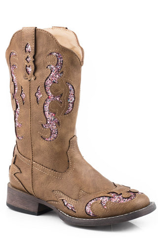 Roper Kids Girls Tan Faux Leather Glitter Gypsy 9In Cowboy Boots
