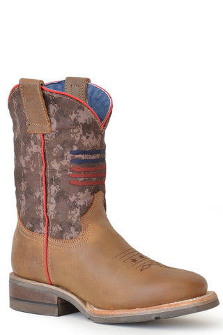 Roper Kids Boys Brown Leather Stripes 8In Camo Cowboy Boots