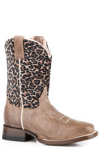 Roper Kids Girls Brown Leather Cheetah Square Toe Cowboy Boots