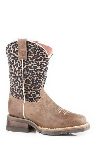 Roper Kids Girls Waxy Brown Leather Cheetah Cowboy Boots