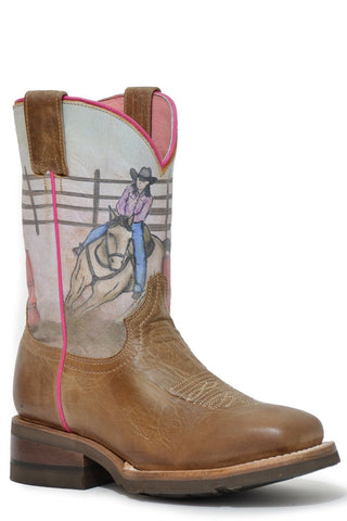 Roper Girls Kids Brown Leather Barrel Rider Geo Cowboy Boots
