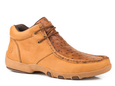 Roper Mens Tan Leather Brody Ostrich Print Chukka Boots