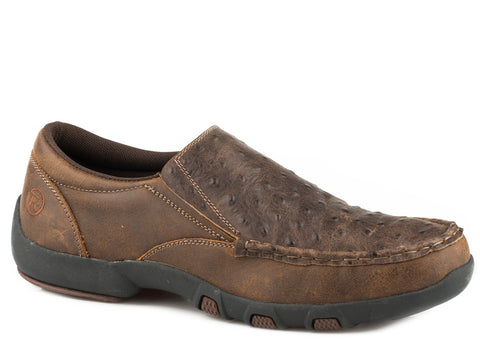 Roper Mens Brown Leather Ostrich Print Owen Slip-On Shoes