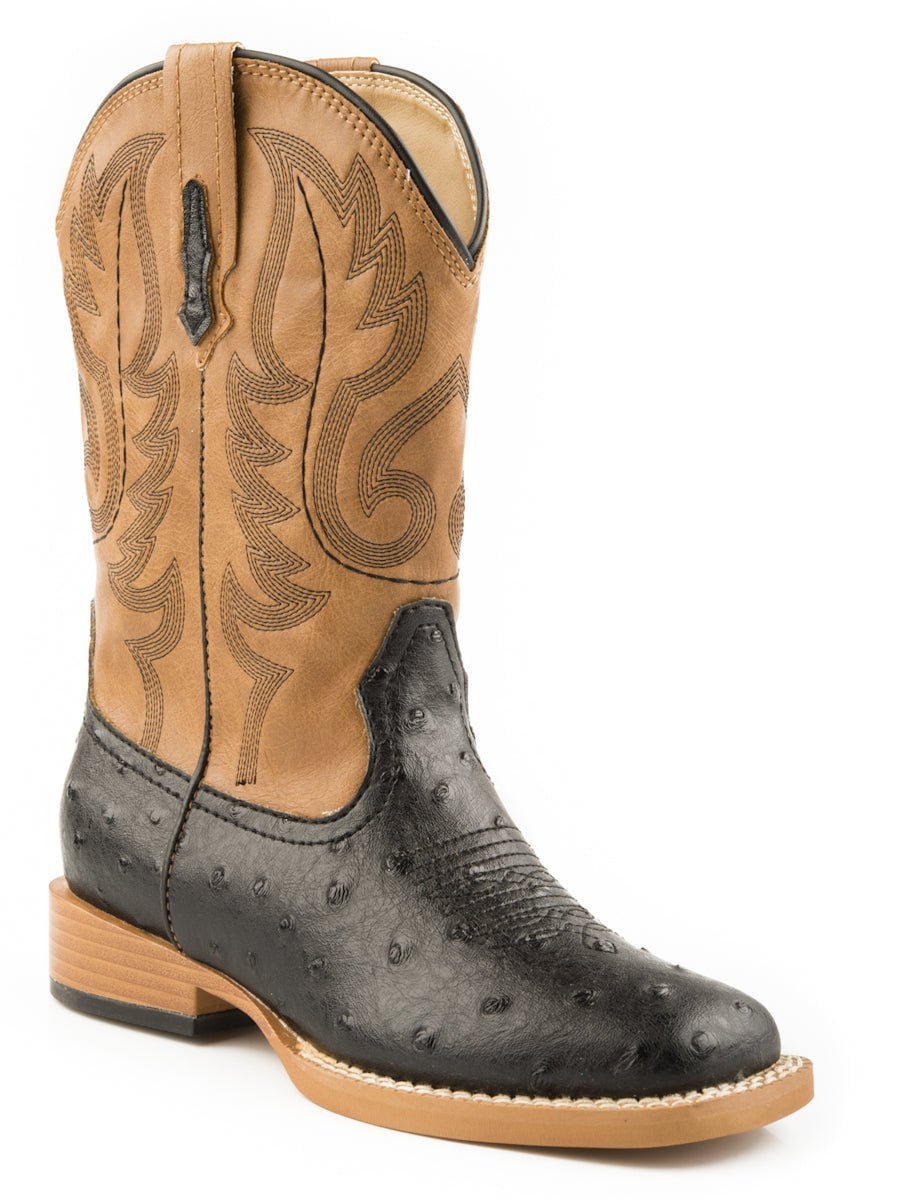 Roper Mens Square Toe Black Faux Ostrich Leather Western Cowboy