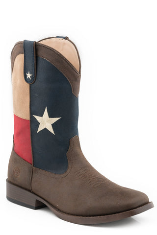 Roper Mens Brown Faux Leather Lone Star Texas Flag Cowboy Boots