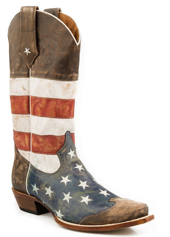 Roper Mens Americana Brown American Flag Snip Toe Leather Cowboy Boots