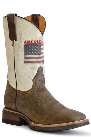 Roper Mens Brown/White Leather America Strong Cowboy Boots
