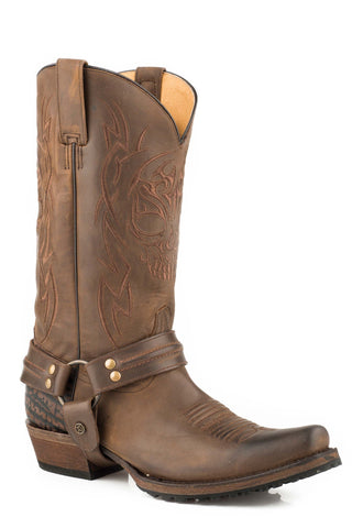 Roper Mens Brown Leather Skull Lug Cowboy Boots