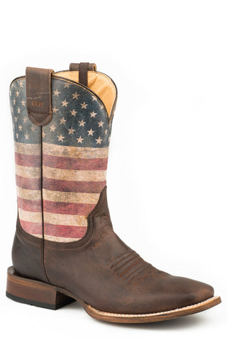 Roper Mens Brown Leather American Patriot Cowboy Boots