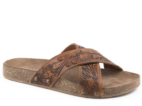 Roper Womens Tan Leather Delaney Slides Sandal Shoes
