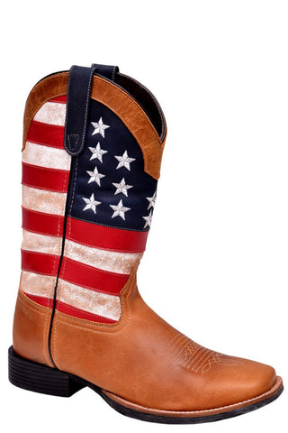 Roper Womens Tan Leather Patriotism Flag Cowboy Boots
