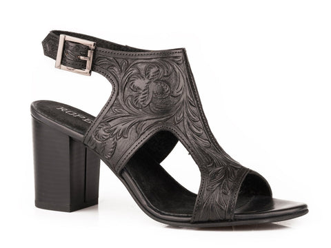 Roper Womens Black Leather Mika II Tooled Heel Sandal Shoes