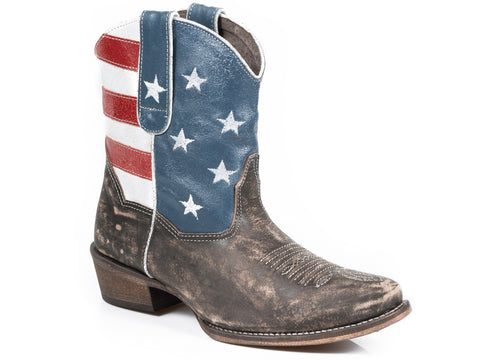 Roper Boots Ladies Brown Leather J Toe American Flag Beauty Cowboy