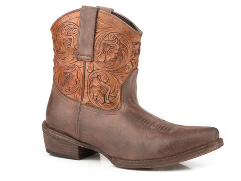Roper Womens Brown Leather Dusty Tooled Cowboy Boots