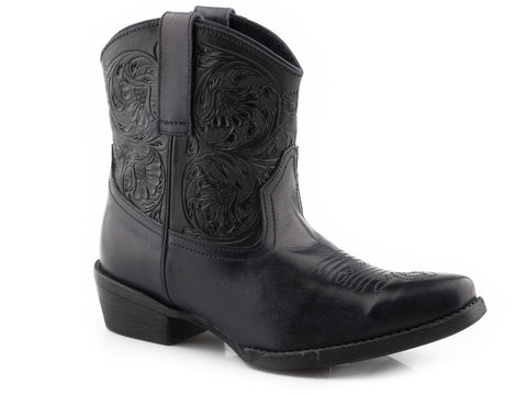Roper Womens Black Leather Dusty Tooled Snip Cowboy Boots