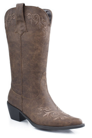 Roper Womens Tan Antiqued Faux Leather 12in Scroll Embroidery Western Boots