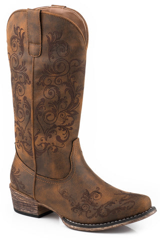 Roper Womens Cognac Faux Leather Tall Stuff Vintage Cowboy Boots