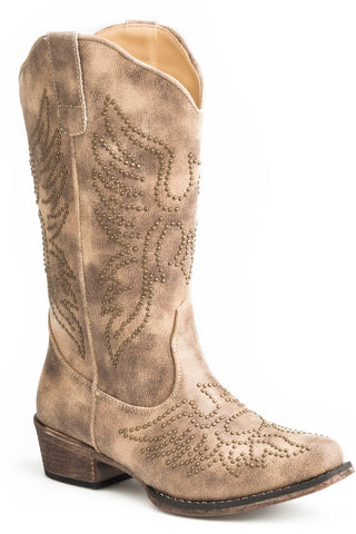 Roper Womens Vintage Beige Faux Leather Eaglets Cowboy Boots