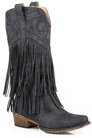 Roper Womens Black Faux Leather Rickrack 13In Fringe Cowboy Boots