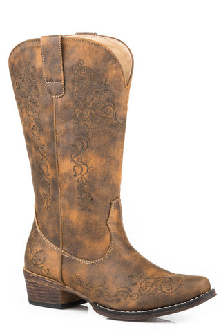 Roper Womens Cognac Faux Leather Riley Scroll Cowboy Boots