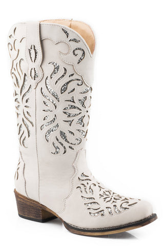 Roper Womens White Faux Leather Riley Glitz Cowboy Boots