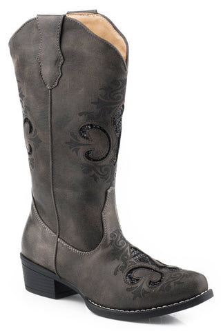 Roper Womens Grey Faux Leather Riley Fleur de Lis Cowboy Boots