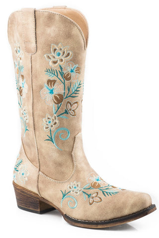 Roper Womens Vintage Beige Faux Leather Riley Floral Cowboy Boots