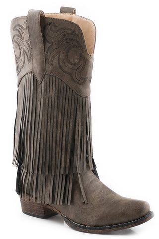 Roper Womens Brown Faux Leather Rickrack 13in Fringe Cowboy Boots