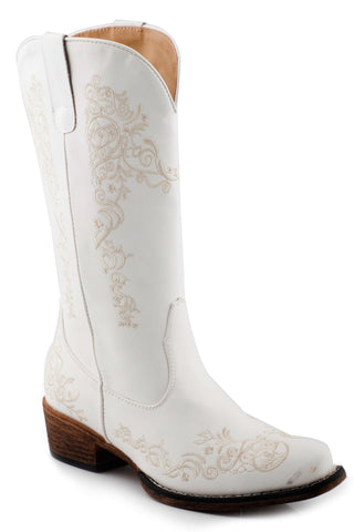 Roper Womens White Faux Leather Riley Scroll Cowboy Boots