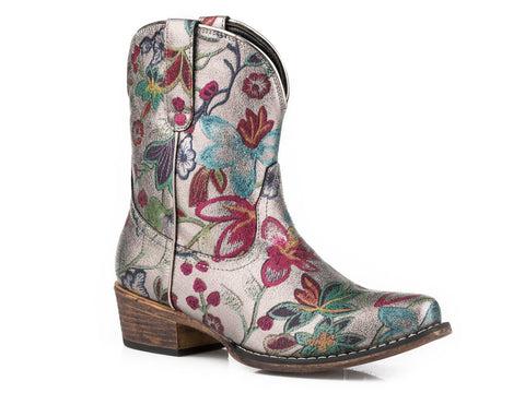 Roper Womens Grey Faux Leather Ingrid Metallic Floral Cowboy Boots
