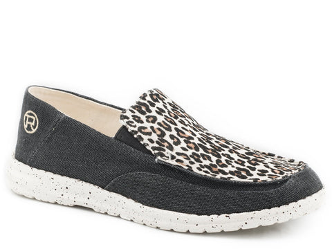 Roper Womens Black Fabric Hang Loose Slip On Leopard Loafer Shoes