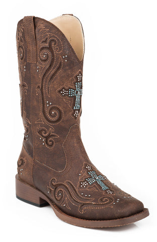 Roper Boots Ladies Brown Faux Leather Crystal Cross Cowboy Fashion