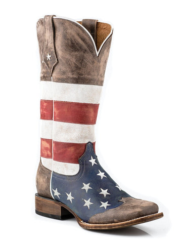Roper Womens Americana Brown American Flag Square Toe Leather Cowboy Boots