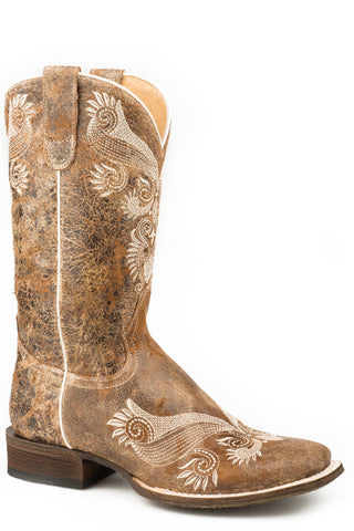 Roper Womens Brown Leather Flow Embroidery Cowboy Boots