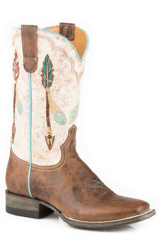 Roper Womens Vintage Tan Leather Arrow Feather Cowboy Boots