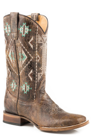 Roper Out West Womens Brown Leather Aztec Cowboy Boots