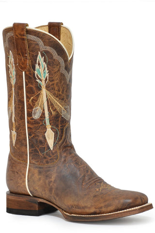 Roper Womens Waxy Brown Leather Arrow Feather Cowboy Boots