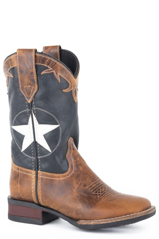 Roper Youth Boys Tan/Navy Leather Monterey Star Cowboy Boots