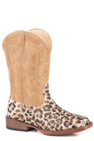 Roper Youth Girls Tan Faux Leather Glitter Leopard Cowboy Boots