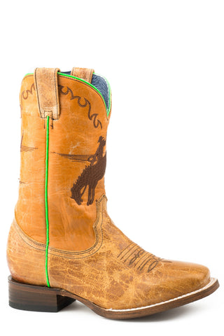 Roper Orange Youth Boys Tan Leather Horsey Cowboy Boots
