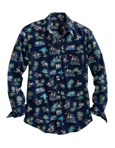 Tin Haul Mens Blue 100% Cotton Cowboy Tropics L/S Shirt