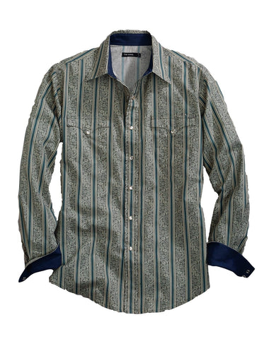 Tin Haul Mens Grey 100% Cotton Vintage Wallpaper L/S Shirt
