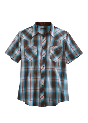 Tin Haul Mens Brown 100% Cotton Turquoise Plaid S/S Shirt