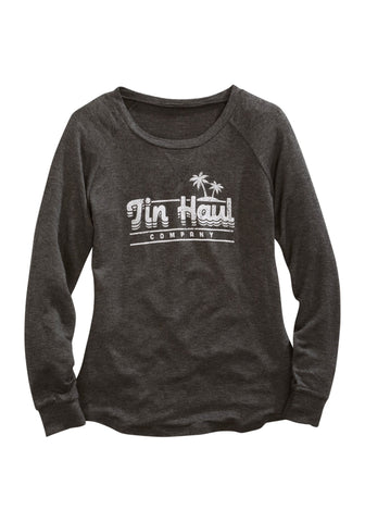 Tin Haul Womens Heathered Gray Poly/Rayon Palm Tree L/S T-Shirt