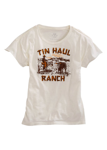 Tin Haul Womens White 100% Cotton Ranch Scene S/S T-Shirt