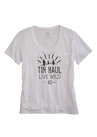 Tin Haul Womens White Polyester Live Wild 10 S/S Cactus T-Shirt