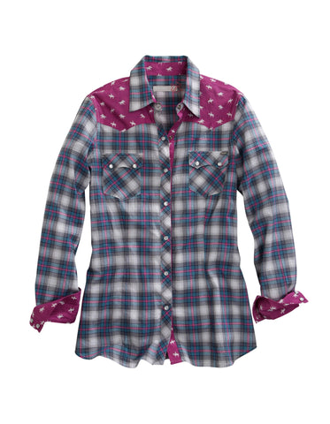 Tin Haul Womens Blue/Purple 100% Cotton Star Ombre Plaid L/S Shirt