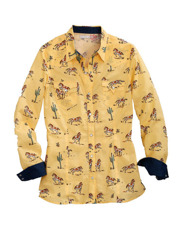 Tin Haul Womens Yellow 100% Cotton Painted Pony L/S Shirt